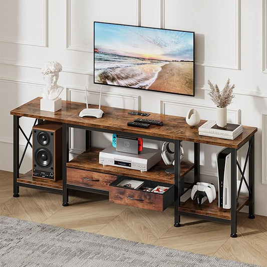 DUMOS 63” TV Stand with Power Outlets, Entertainment Center for TVs Up to 75 Inches, Industrial Media Console with Fabric Drawers and Open Shelves, Rustic Brown TV Table for Living Room, Bedroom