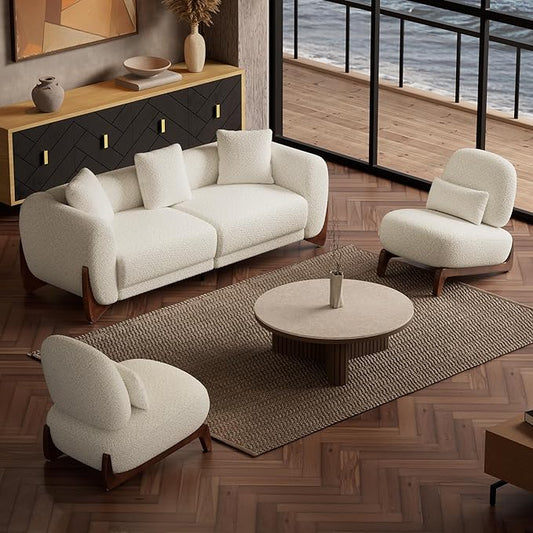 Morden Fort 3 Piece Boucle Sofa Set, Modern Upholstered Couches Sofas Set Durable Comfy Boucle Pet-Friendly, 2 Armless Chairs & 3-Seater Sofa Sets for Living Room Bedroom Apartment, Beige