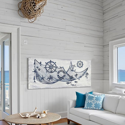 sechars Nautical Decor Wall Art Fishing Net with Boat Wheels and Shells Picture Paintings Vintage Lake House Wall Decoration 20 x 48 inches (Blue)