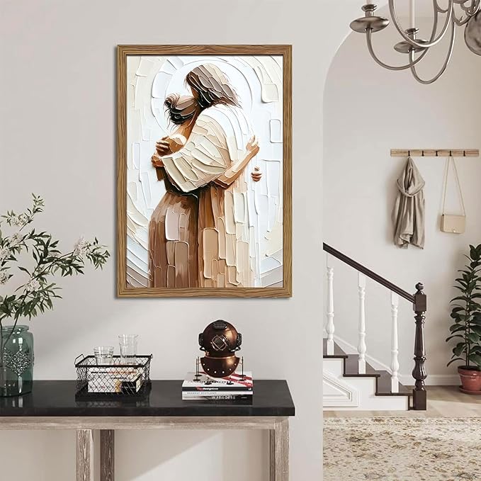 Wood Framed Jesus Embracing Woman Canvas Wall Art, Safe in His Arms Pictures Canvas Print Posters Wall Decor, Christian Wall Art Home Decor for Living & Prayer Room 12x16 inch