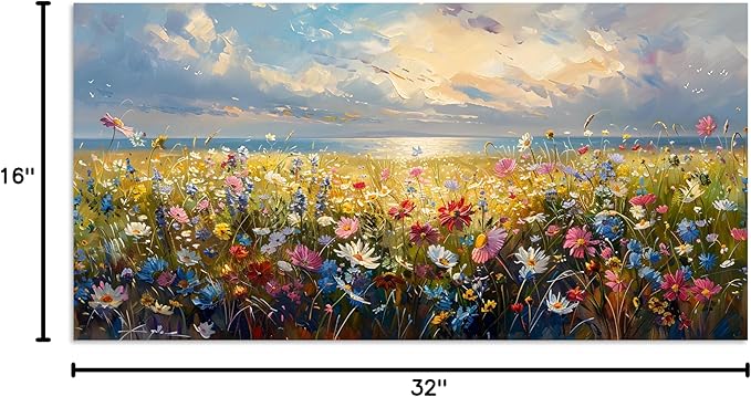 TutuBeer 1 Pcs Wildflower Field Artwork Rustic Wildflower Field at Beach Vintage Wall Art Canvas Prints Wild Flower Wall Art Rustic Style Kitchen Office Farmhouse Bathroom Decor 16x32inch