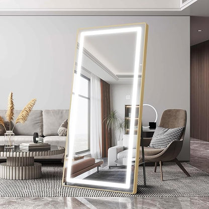 FENNIO Full Length Mirror with Lights, 70" x 32" LED Full Body Mirror, Free Standing Lighted Floor Mirror, Wall Mounted Hanging Mirror with Lights for Bedroom, Salon, Brushed Aluminum Frame, Gold