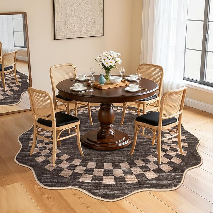 6ft Washable Round Rug for Entryway Modern Checkered Bedroom Circle Rug Non Slip Soft Dining Room Round Throw Carpet Large Stain Resistant Border Round Rugs for Living Room Kitchen Bathroom, Brown