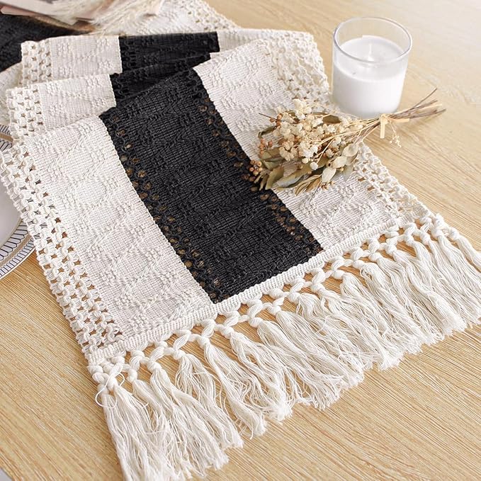 FEXIA Boho Table Runner for Summer Home Decor with Tassels 36 Inches Long Farmhouse Rustic Black Gothic Table Runner Macrame Gothic Burlap Table Decoration for Kitchen Living Room (12x36 Inches)