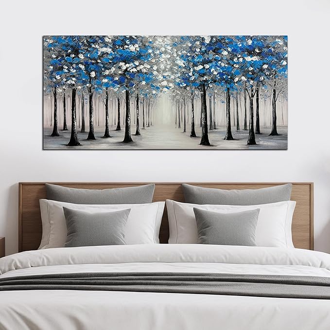 Trogonup Large Forest Wall Art for Living Room Blue and White Trees Landscape Painting Modern Textured Oil Painting for Bedroom Office Home Decor 29x58 Inch