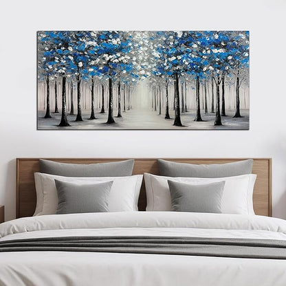 Trogonup Large Forest Wall Art for Living Room Blue and White Trees Landscape Painting Modern Textured Oil Painting for Bedroom Office Home Decor 29x58 Inch