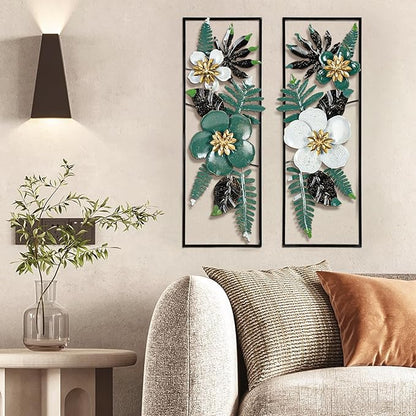 Metal 3D Wall Art Decor 2 Pcs 34" x 15" Wall Decor Handmade Green Leaf Flower Hanging Home Decor with Frame Wall Sculptures Modern for Living Room, Bedroom, Dining Room, Office and Hotel Large