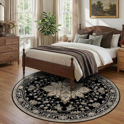 RELEANY Area Rugs Round 8ft Washable Non-Slip, Floral Vintage Distress Print Pattern Medallion Carpet for Living Room Bedroom Dining Room, Black Brown Neutral Dark Tan