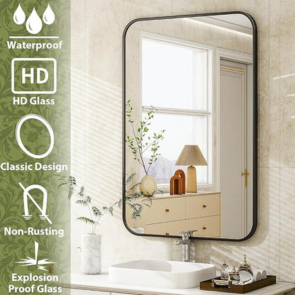 Easly 26 x 38 Inch Bathroom Mirror, Rounded Rectangular Vanity Mirror for Wall, Modern Mirror for Room Decor, Black Framed Wall-Mounted Mirrors for Home Decor, Hangs Horizontally or Vertically