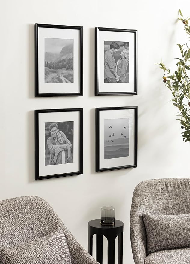 Kate and Laurel Adlynn Rectangle Picture Frame Set of 4; 11 x 14 matted to 8 x 10; Black; Modern Glam Four-Piece Frame Set for Gallery Wall Frame Set in Living Room Wall Decor