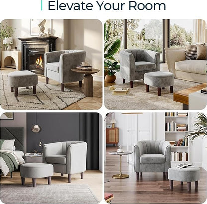 LINSY Accent Chair with Ottoman, Modern Barrel Chair Comfy Armchair Reading Chair with Footrest, Round Arms Chair for Living Room Bedroom Reading Room, Velvet, Light Grey