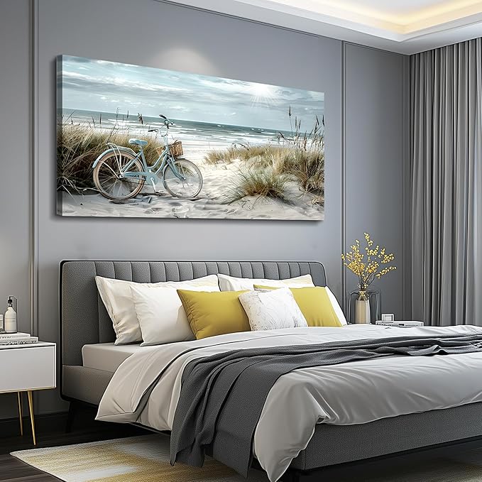 FUHAIHUA Large Wall Decor For Living Room Canvas Wall Art For Bedroom Modern Office Decoration Blue Beach Bicycle Seascape Painting Ocean Landscape Wall Pictures Artwork Home Decor Posters 24"X48"