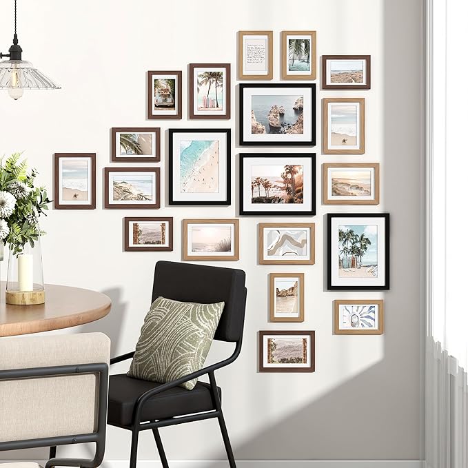 Venusmiles 20 Pack Picture Frames Collage Wall Decor, Gallery Frame Set for Wall Mounting or Tabletop Display, Multi Sizes Including 4pcs 8x10, 8pcs 5x7, 8pcs 4x6, Black+Oak+Walnut