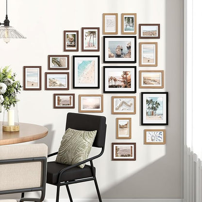 Venusmiles 20 Pack Picture Frames Collage Wall Decor, Gallery Frame Set for Wall Mounting or Tabletop Display, Multi Sizes Including 4pcs 8x10, 8pcs 5x7, 8pcs 4x6, Black+Oak+Walnut