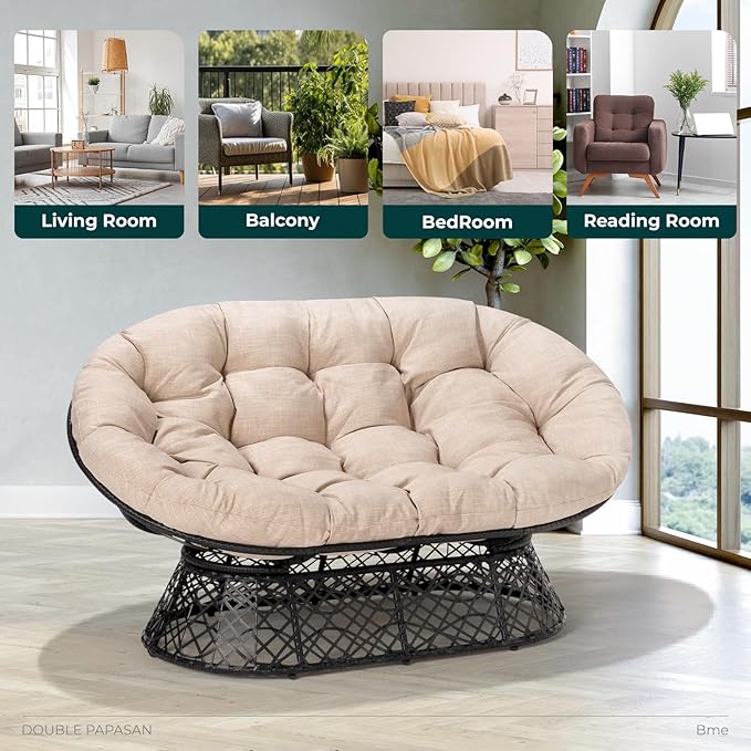 Bme Double Papasan Chair, 600lbs Capacity, Ergonomic Design, Soft Thick Cushion, Bee-Designed Frame, Durable Steel, 61", Beige - Black Base