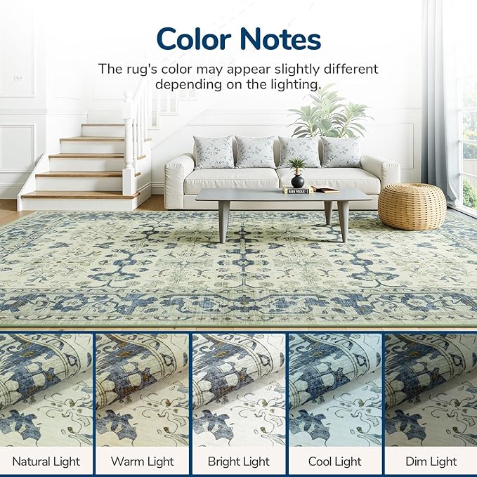 Lessymo Washable Area Rug for Living Room,8x10 Large Rugs with Non-Slip Backing,Soft Boho Carpets for Bedroom Dining Room Nursery Home Office,Light Blue