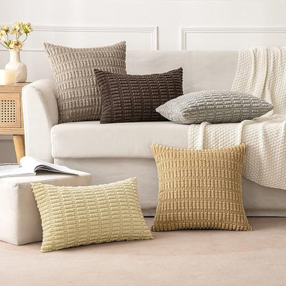 MIULEE Pack of 2 Corduroy Decorative Throw Pillow Covers 18x18 Inch Soft Boho Striped Pillow Covers Modern Farmhouse Home Decor for Sofa Living Room Couch Bed Beige