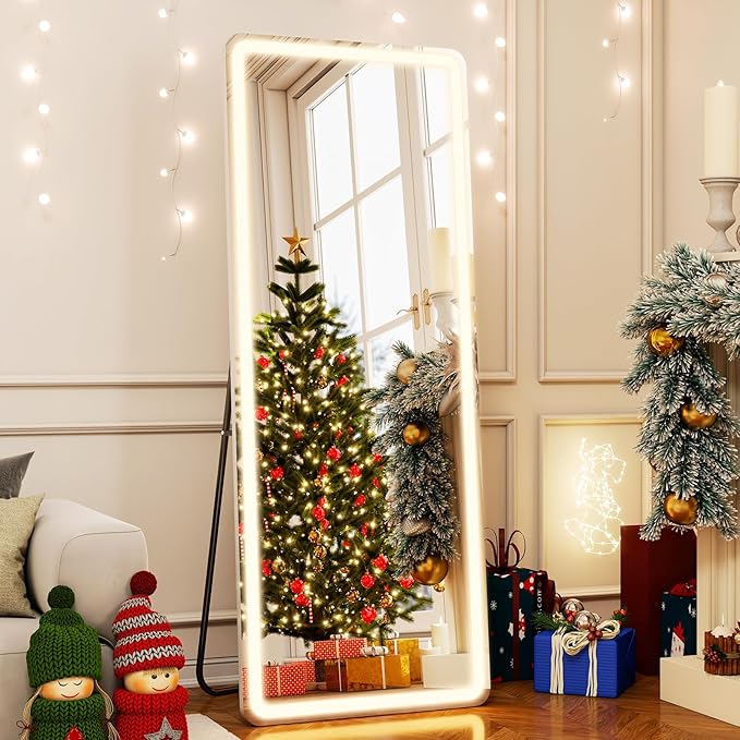 Easly 26x68 inch Full Length Mirror with Lights, LED Lighted Floor Standing, Hanging Mirror Full Length with Stand Free, Full Body Dressing Mirrors with Dimmable 3 Color LED