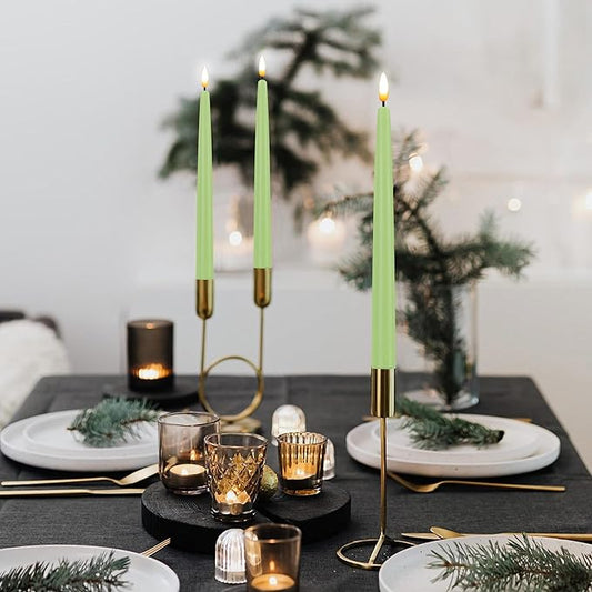 CVHOMEDECO. Flameless Taper Candles with 10-Key Remote, Battery Operated Led Flickering 3D Wick Window Candles Real Wax Finished Home Christmas Party Decor 0.78 x 11 Inch, Pack of 3, Light Green
