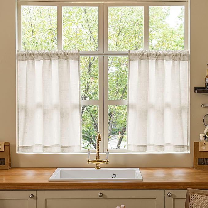 24 Inch Laundry Room Basement Window Curtains 2 Panels Natural Linen Rod Pocket Semi Sheer Light Filtering Drapes for Farmhouse Cafe Bathroom Short Curtains 24 Inches Long W34xL24