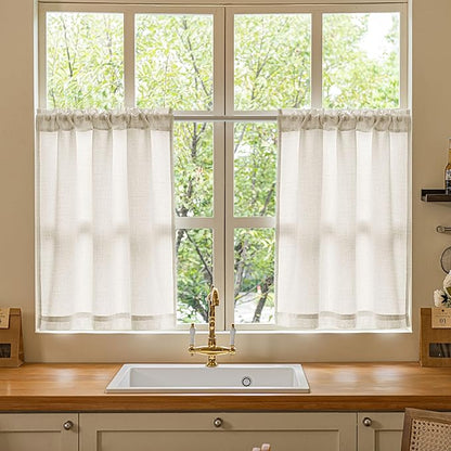 24 Inch Laundry Room Basement Window Curtains 2 Panels Natural Linen Rod Pocket Semi Sheer Light Filtering Drapes for Farmhouse Cafe Bathroom Short Curtains 24 Inches Long W34xL24
