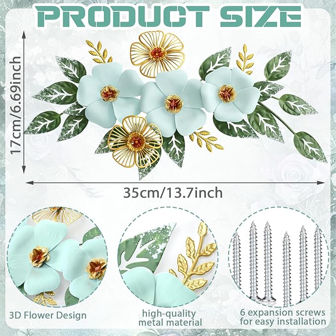 Otoolling 13.7'' Metal Flower Wall Decor, 3D Light Blue & Gold Floral Sculpture with Green Leaves, Hanging Wall Art Accent for Living Room, Bedroom, Bathroom, Home Indoor Outdoor Decoration