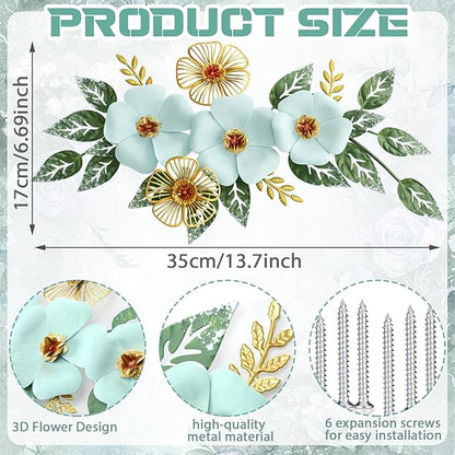 Otoolling 13.7'' Metal Flower Wall Decor, 3D Light Blue & Gold Floral Sculpture with Green Leaves, Hanging Wall Art Accent for Living Room, Bedroom, Bathroom, Home Indoor Outdoor Decoration
