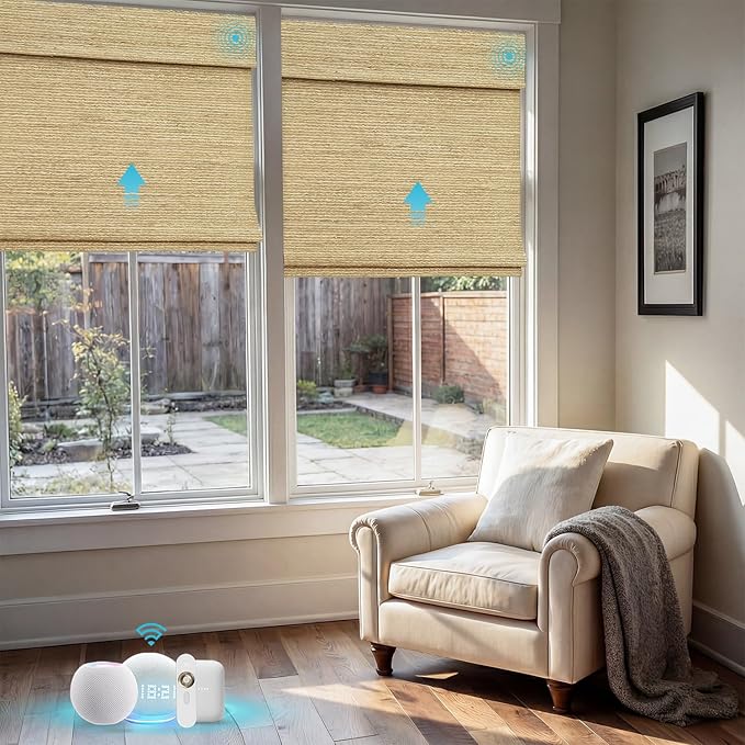 Motorized Bamboo Roman Shades, Motorized Blinds with Remote Compatible with Homekit, Alexa GoogleHome, Smart Wood Woven Shades for Indoor Windows, Customize, Savanna Weave