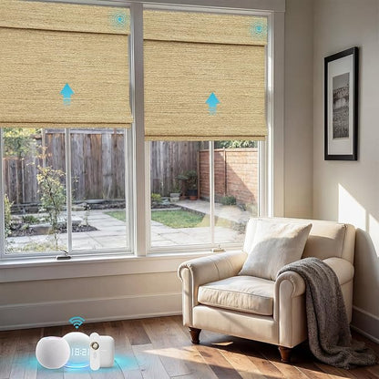 Motorized Bamboo Roman Shades, Motorized Blinds with Remote Compatible with Homekit, Alexa GoogleHome, Smart Wood Woven Shades for Indoor Windows, Customize, Savanna Weave