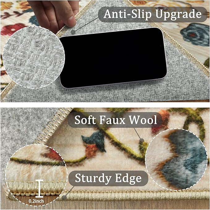 4x6 Machine Washable Area Rug for Living Room, Beige Vintage Boho Floral Rug Large Non-Slip Low Pile Soft Faux Wool Carpet, Kids and Pets Friendly for Bedroom Dining Room Farmhouse Home Decor Rug