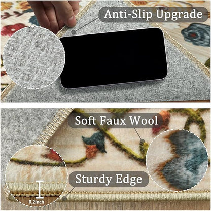 4x6 Machine Washable Area Rug for Living Room, Beige Vintage Boho Floral Rug Large Non-Slip Low Pile Soft Faux Wool Carpet, Kids and Pets Friendly for Bedroom Dining Room Farmhouse Home Decor Rug