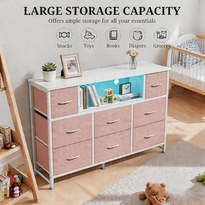 Simple Deluxe TV Stand Dresser with 8 Fabric Drawers and Open Shelves, Entertainment Center with LED Lights & Charging Station, Wood Top for 45" -55" TV, for Bedroom/Living Room/Hallway, Pink