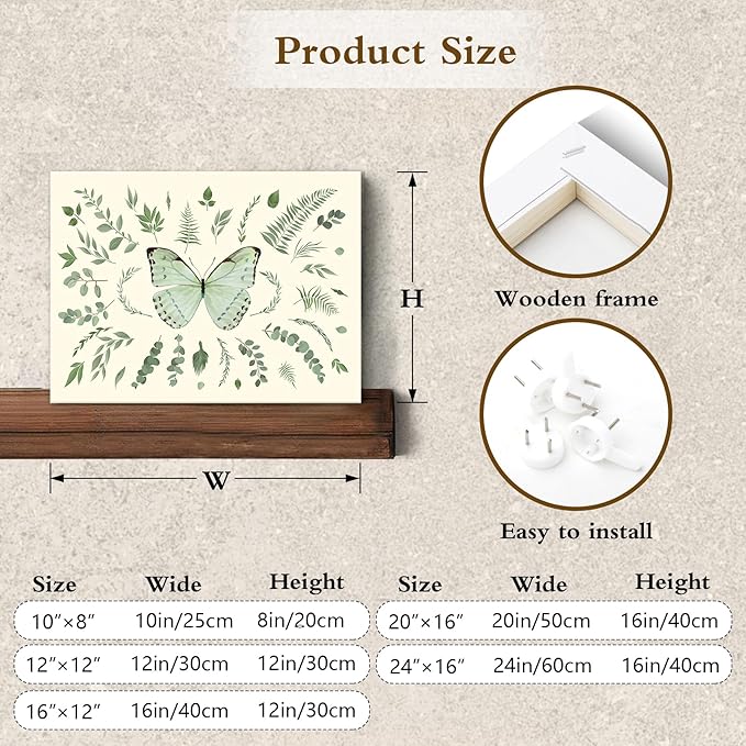 LB Sage Green Butterfly Wall Art Watercolor Leaf Eucalyptus Leaves with Butterfly Canvas Wall Art Green Plant Wall Decor for Living Room Bedroom Bathroom Framed Ready to Hang 16L x 20W Inch