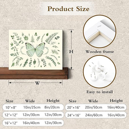 LB Sage Green Butterfly Wall Art Watercolor Eucalyptus Leaves Botanical Canvas Wall Art Green Plant Leaf Wall Decor for Living Room Bedroom Bathroom Framed Ready to Hang 12L x 16W Inch