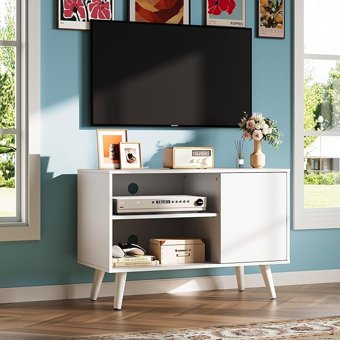 WLIVE TV Stand for 40 Inch TVs, Small Entertainment Center with Storage Cabinet, Mid-Century Modern TV Stands for Living Room and Bedroom, 32" TV Console, White