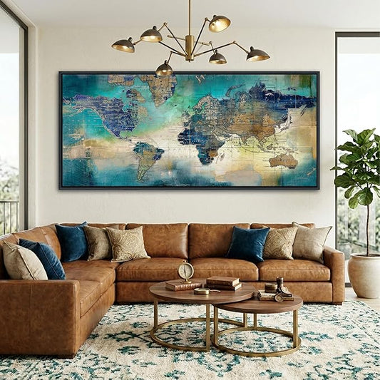 Large World Map Canvas Prints Wall Art for Living Room Office Green World Map Picture Artwork Decor for Home Decoration Black Framed Wall Art