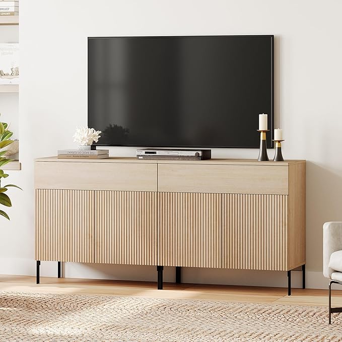 WAMPAT Fluted TV Stand TVs up to 70 inch, 63" W Modern TV Entertainment Center with Storage Cabinets and 2 Drawers & 4 Doors, Wood Media TV Console Table with Storage for Living Room, Beige
