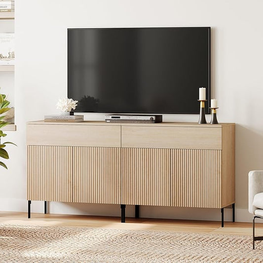 WAMPAT Fluted TV Stand TVs up to 70 inch, 63" W Modern TV Entertainment Center with Storage Cabinets and 2 Drawers & 4 Doors, Wood Media TV Console Table with Storage for Living Room, Beige