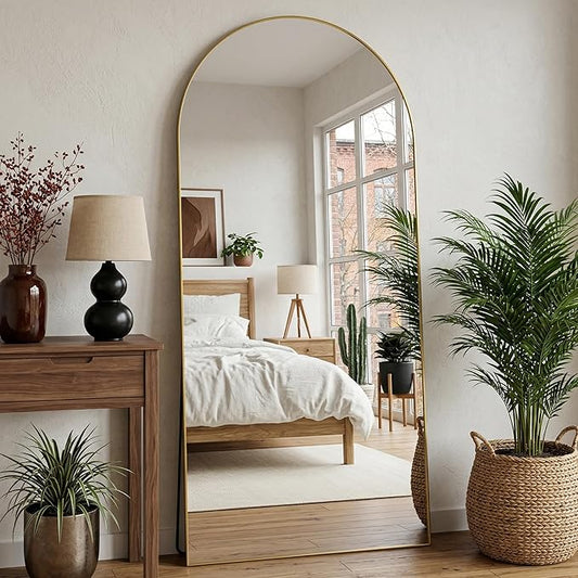 Arched Full Length Mirror 76 x 34 Inch, Full Body Mirror with Stand, Standing Hanging or Leaning Against Wall, Metal Frame Floor Mirror for Bedroom, Living Room, Cloakroom,Gold