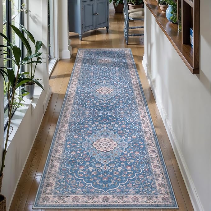 Tangsoo 2.6x10 Runner Rug for Hallways,Washable Non Slip Vintage Kitchen Runner Rug,Boho Blue Beige Soft Floral Low Pile Indoor Long Carpet Runner for Bedroom Bathroom Laundry Room