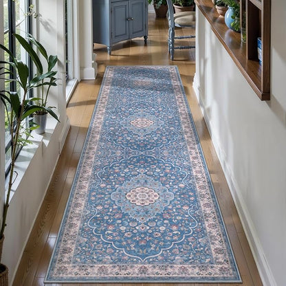 Tangsoo 2.6x10 Runner Rug for Hallways,Washable Non Slip Vintage Kitchen Runner Rug,Boho Blue Beige Soft Floral Low Pile Indoor Long Carpet Runner for Bedroom Bathroom Laundry Room