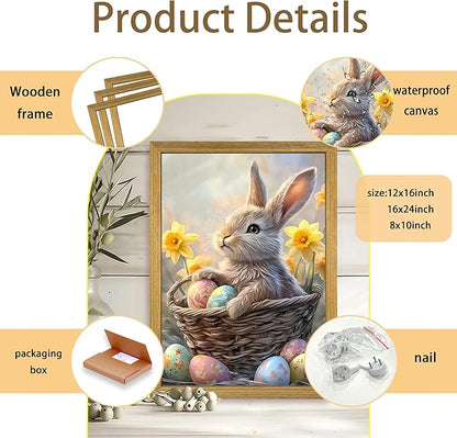 Easter Bunny Wall Art, Cute Rabbit Canvas Wall Decor Painting, Easter Eggs Poster Print Picture, Spring Farmhouse Animal Oil Painting for Living Room Bedroom Kitchen Holiday Home Decor 12x16 Inch Wood Framed