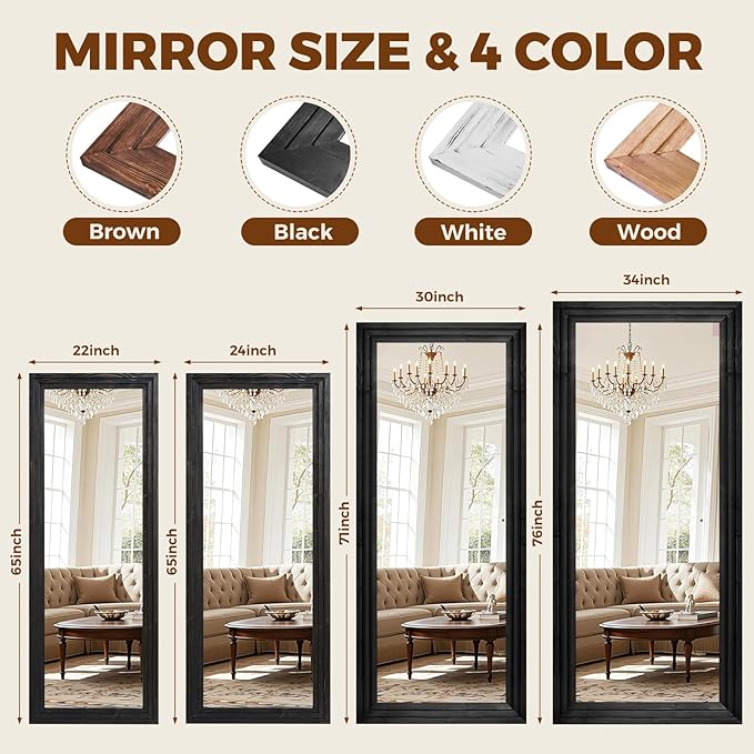 Full Length Wood Mirror 76x34 - Rustic Solid Wood Floor Mirror with Triple Layer Frame, HD Tempered Glass, Wall Mounted or Leaning Standing Mirror Vintage Black Mirror for Bedroom Bathroom Living Room