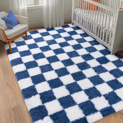Checkered Rugs for Bedrooms, 4x5.9 Blue and White Carpet for Living Room, Fluffy Shaggy Area Rug for Kids Room, Soft Non Slip Aesthetic Decor for Home