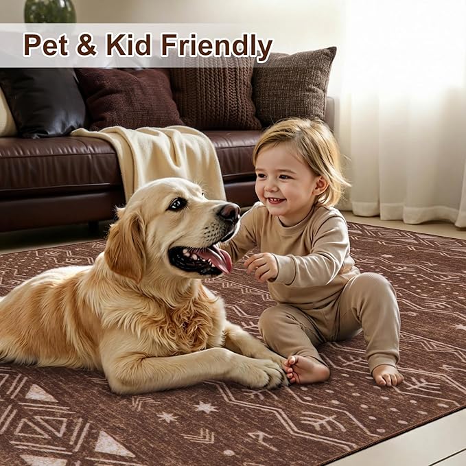 SERISSA 8x10 Area Rugs for Living Room, Washable Non-Slip Coffee Brown Boho Rug, Soft Low-Pile Geometric Indoor Large Carpet for Dining Room Bedroom Home Office Playroom