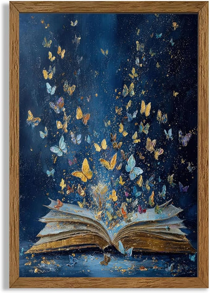 JLTULT Colorful Butterfly On Book Page Canvas Wall Art, Vintage Fantasy Butterflies Art Wall Decor, Modern Aesthetic Art Print for Bathroom Bedroom Living room Study 20x30 In Wood Framed Easy to Hang