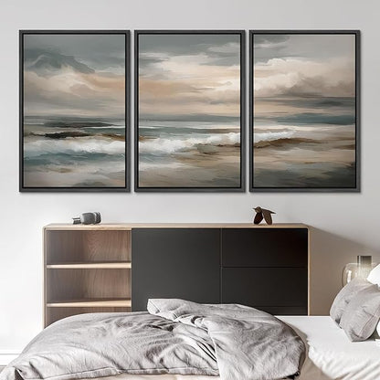 SIGNLEADER Framed Canvas Print Wall Art Set Soft Neutral Coastal Waves Muted Teal and Beige Ocean Illustrations Minimal Decorative Bohemian Nordic for Living Room, Bedroom, Office - 16"x24"x3 BLACK