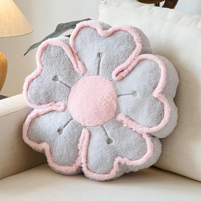 Flower Shaped Decorative Throw Pillow Cushion for Bed Couch, Cute Flower Plush Throw Pillows Home Decor Floor Pillow Seating Cushions (Grey, 17.7 Inches)
