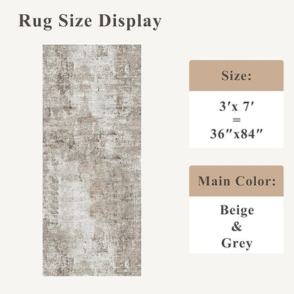 3x7 Washable Non-Slip Kitchen Runner Rug – Modern Abstract Neutral Beige & Gray Carpet for Hallway, Entryway, Bedroom, Laundry Room – Low-Pile Thin Wide Floor Runner (Gold Grey