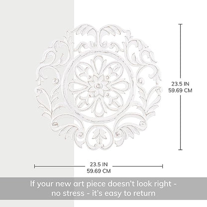 MH London Charles Wall Medallion - Large Wood Wall Art, Exclusively Designed, Hand Carved, Contemporary White Design for Living Room, Bedroom and Kitchen